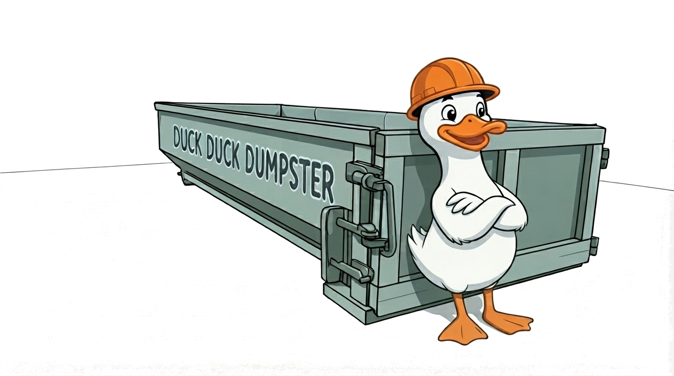 Dusty next to a 20-yard roll-off dumpster with Duck Duck Dumpster branding