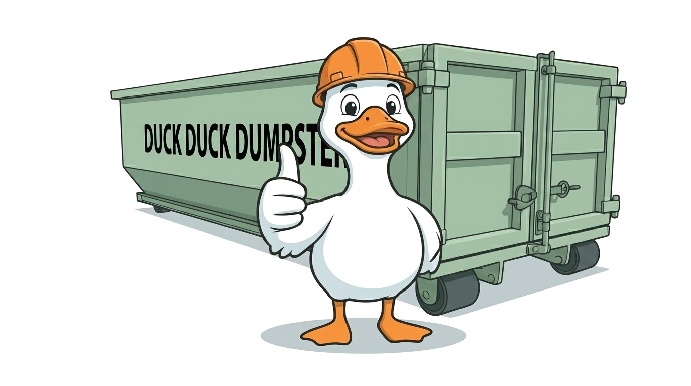 Dusty next to a large 30-yard roll-off dumpster with Duck Duck Dumpster branding