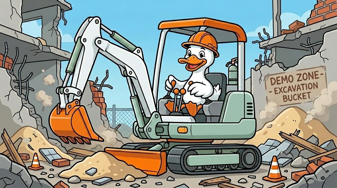 Dusty operating a mini mascot-scale excavator at a demolition site
